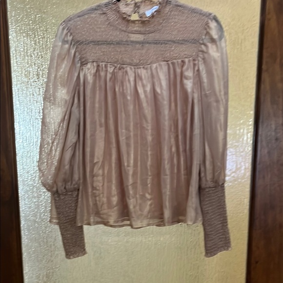 Gold Smocked Blouse with Puff Sleeves and Mandarin Collar - Picture 1 of 6